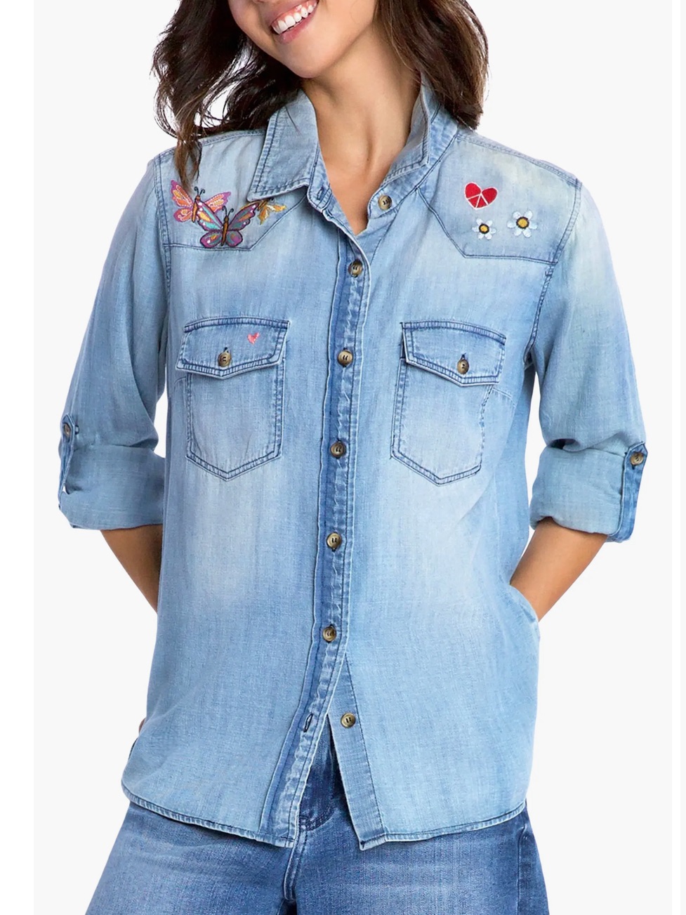 Billy T Butterfly Kiss Embroidered Denim Chambray Button-Up Shirt Small
